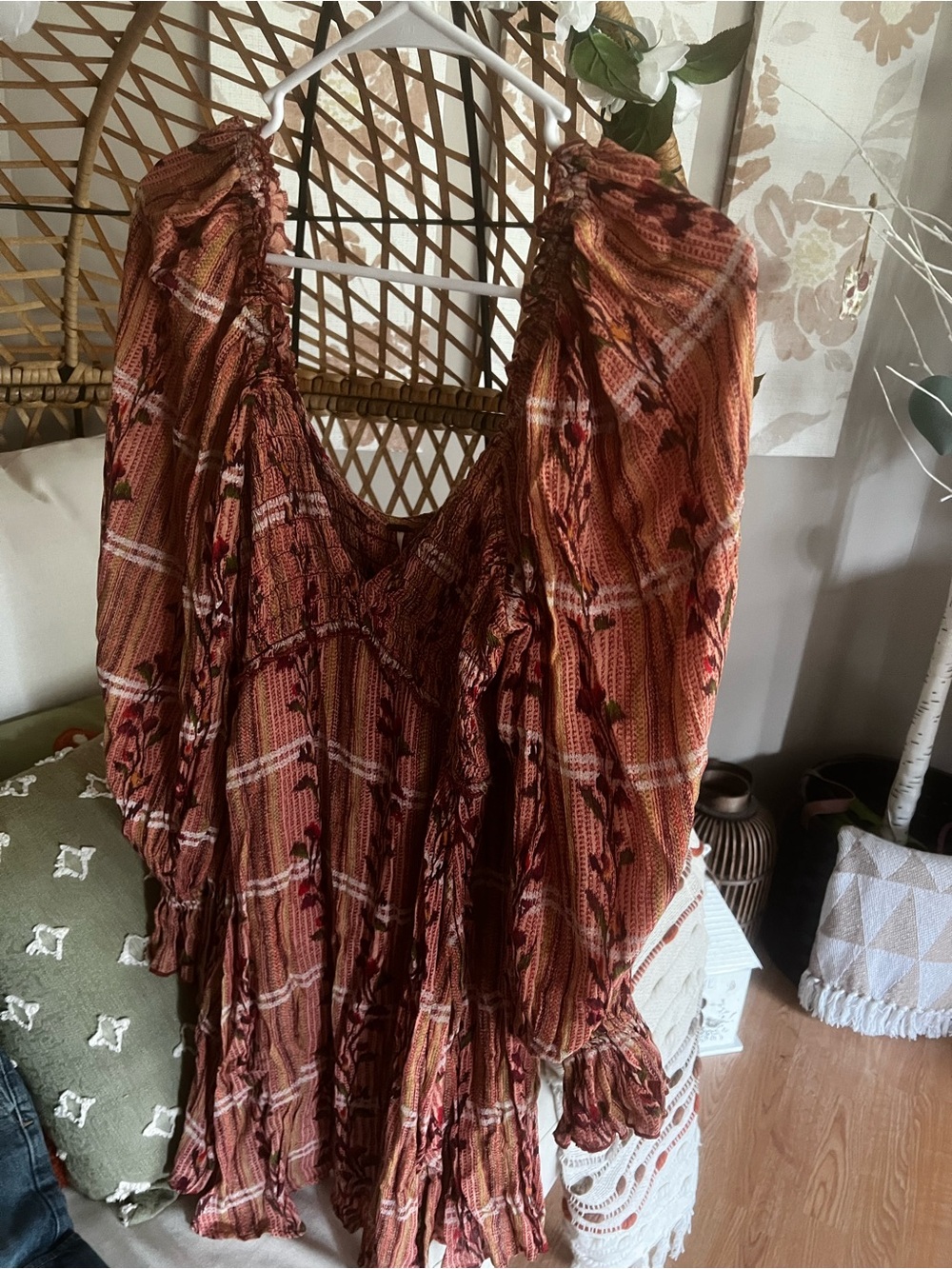 Free People Rust Plaid & Floral Boho Peasant Tunic